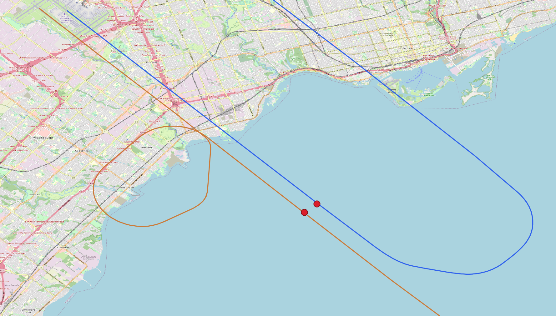Paths and closest points of approach for each aircraft